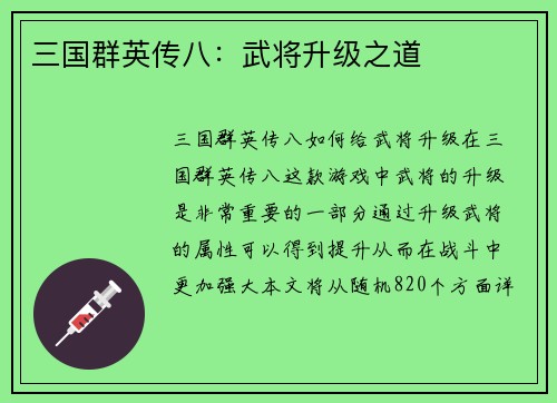 三国群英传八：武将升级之道
